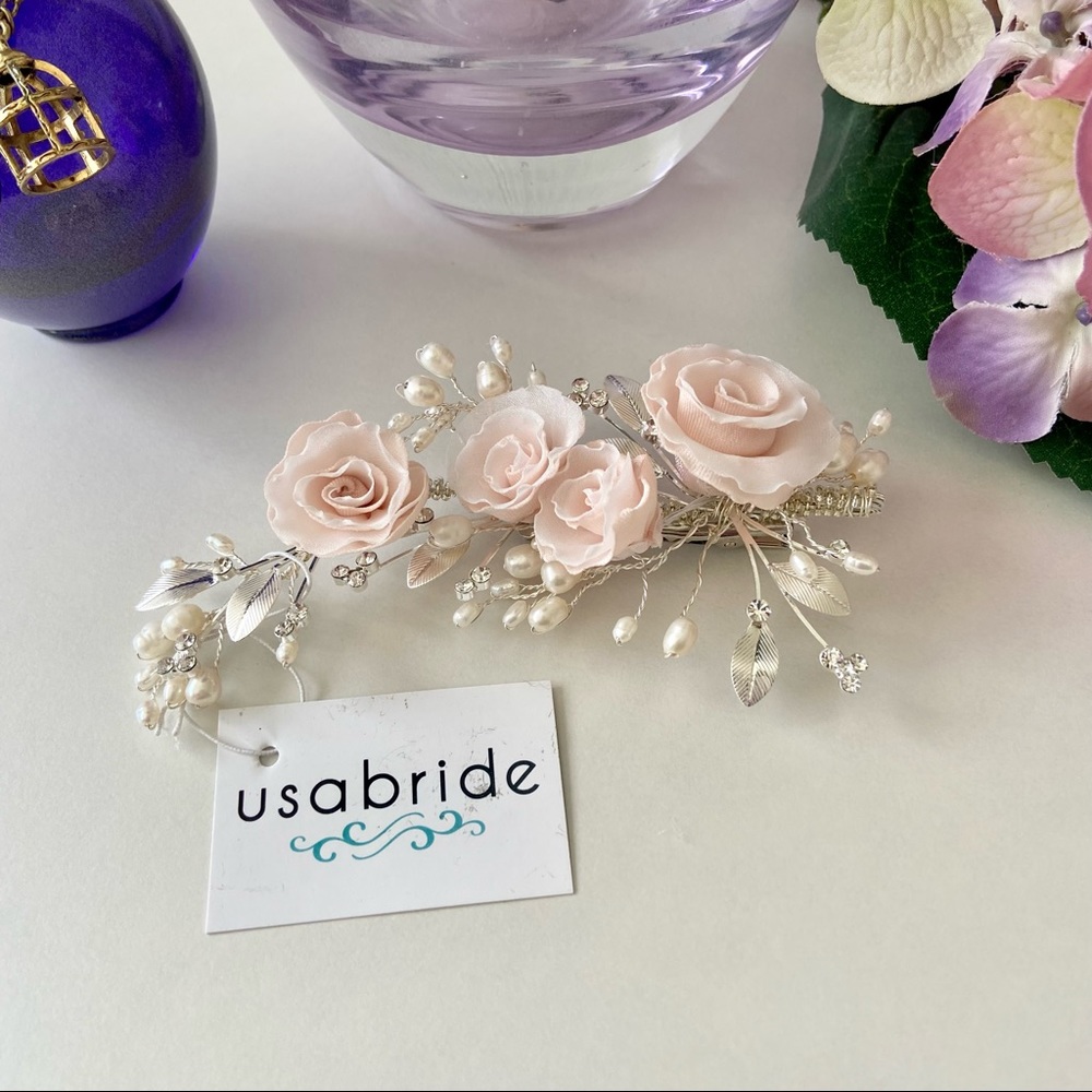 Blush Flower & Pearl Wedding Hair Clip